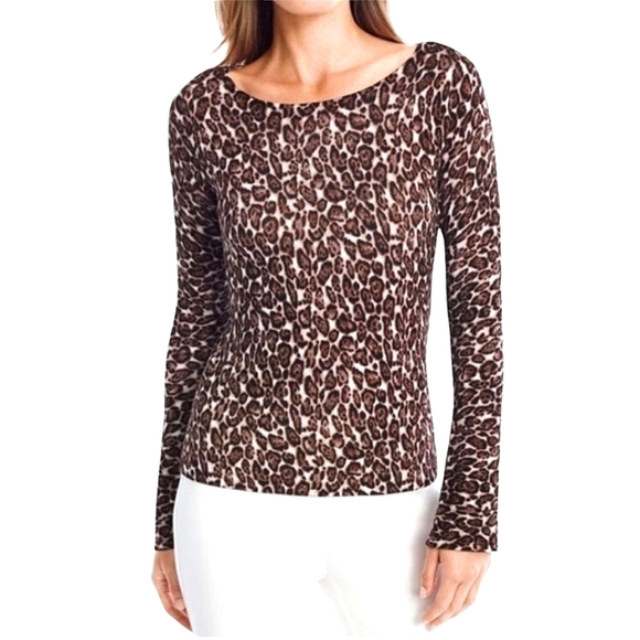 White House Black Market Tops - WHBM Leopard Print Long Bell Sleeve Round Neck Pullover Top